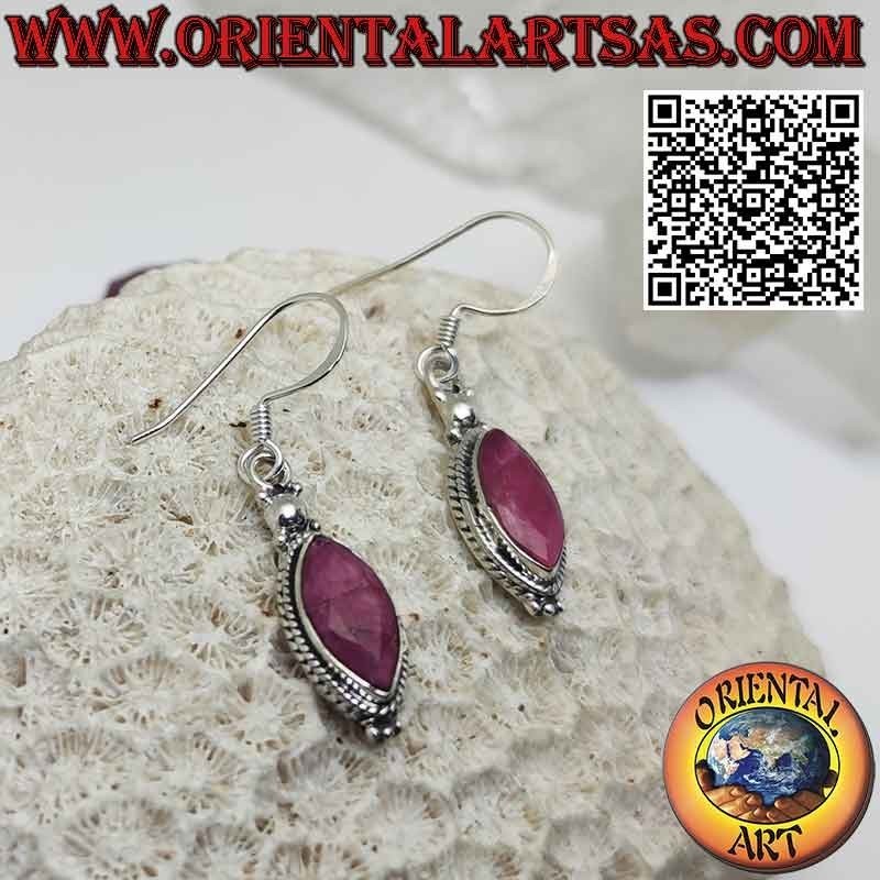 Silver earrings with natural shuttle rubies and braided edge