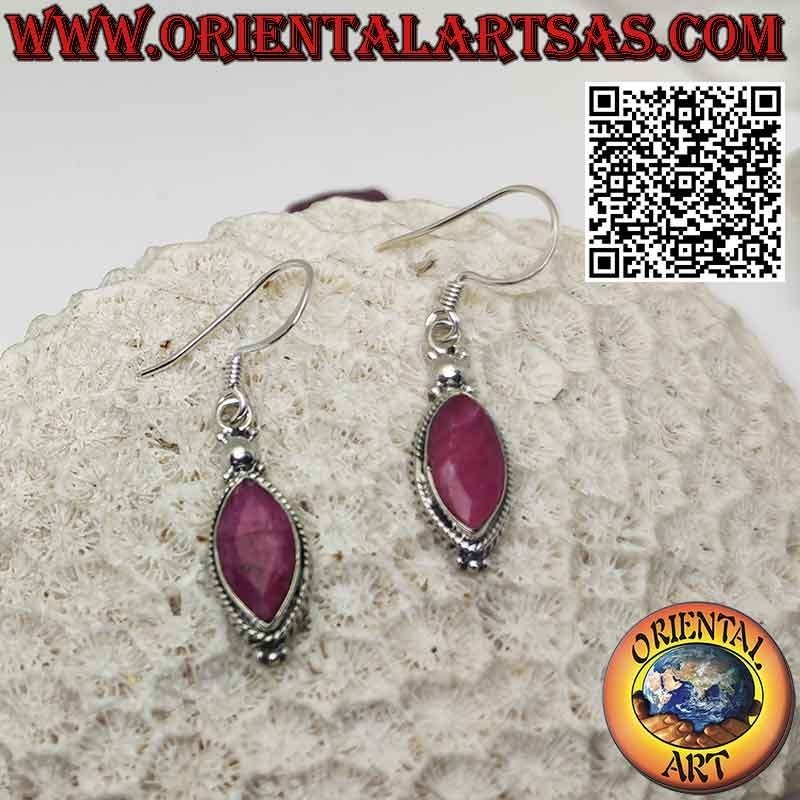Silver earrings with natural shuttle rubies and braided edge