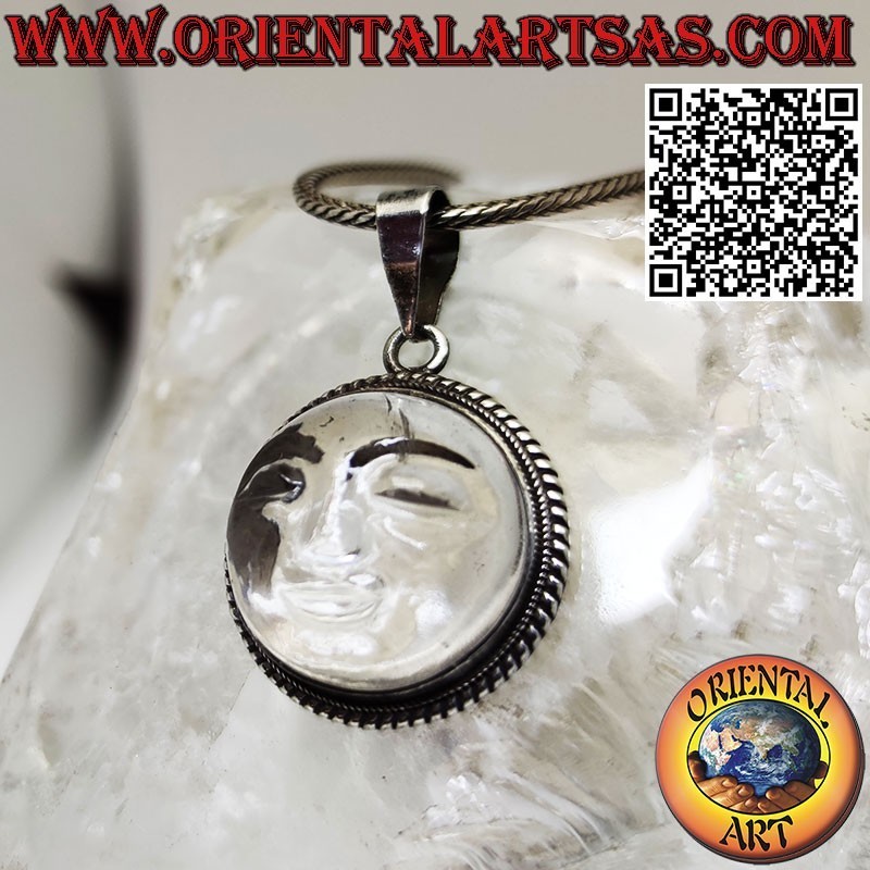 Silver pendant with sun hollowed out on a round rock crystal and intertwined edge