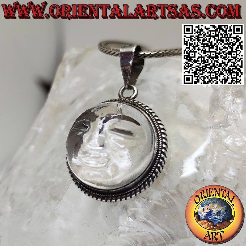 Silver pendant with sun hollowed out on a round rock crystal and intertwined edge