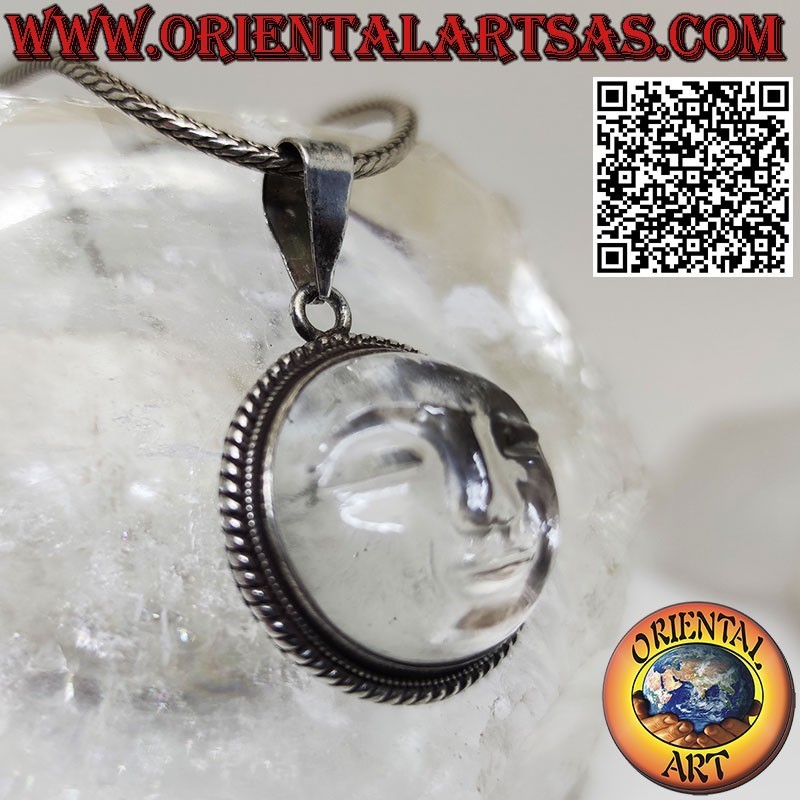 Silver pendant with sun hollowed out on a round rock crystal and intertwined edge