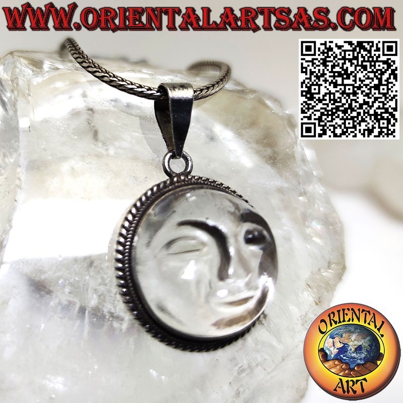 Silver pendant with sun hollowed out on a round rock crystal and intertwined edge