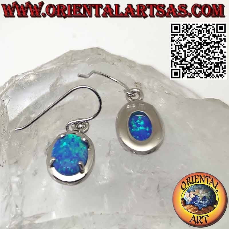 Silver earrings with oval blue mystic opal with smooth edge
