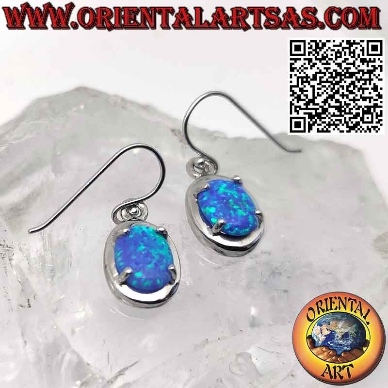 Orecchini in argento con opale mistico blu ovale a filo bordo liscio