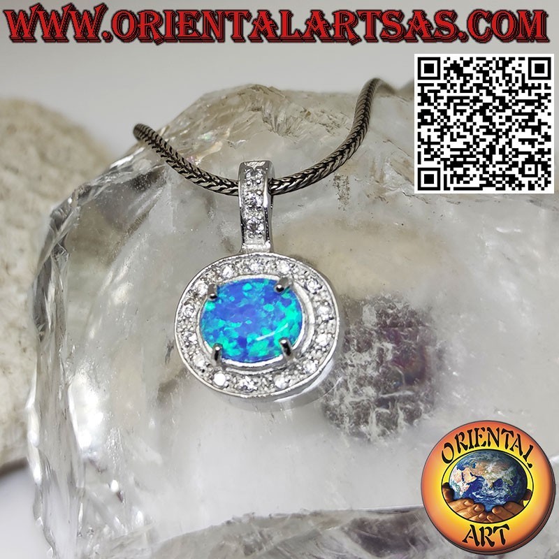 Silver pendant with transversal oval blue opal adorned with zircons