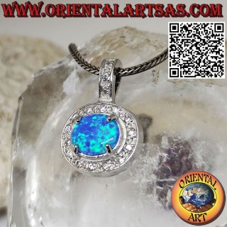 Silver pendant with transversal oval blue opal adorned with zircons