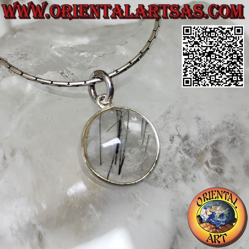 Pendentif rond en quartz naturel tourmaliné roulé avec seule tranche et crochet en argent 925‰ lisse