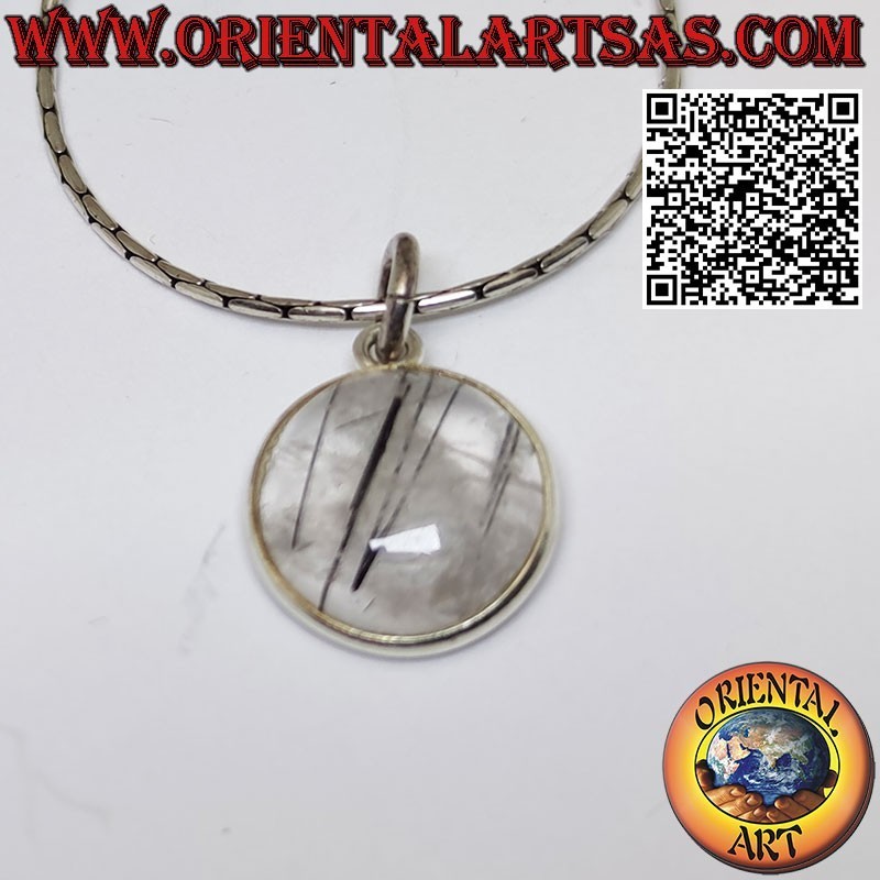 Colgante redondo de cuarzo turmalinado natural abatanado con filo único y gancho en plata 925 ‰ lisa