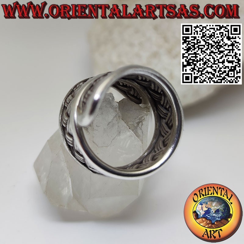 Silver band ring, adjustable spiral with 3-strand Karen weave