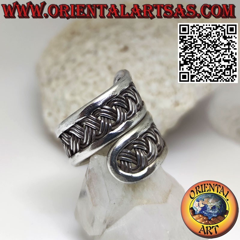Anillo banda de plata, espiral ajustable con tejido Karen de 3 hilos