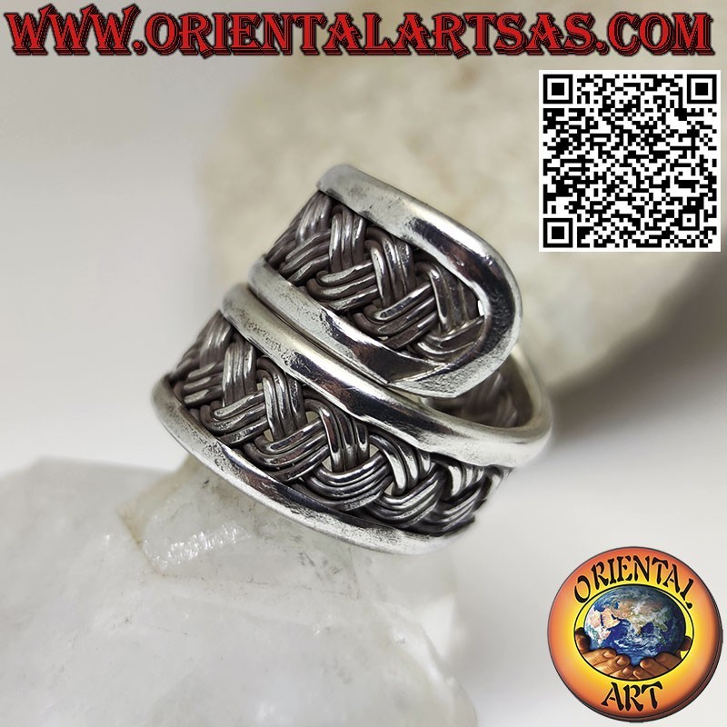 Anillo banda de plata, espiral ajustable con tejido Karen de 3 hilos