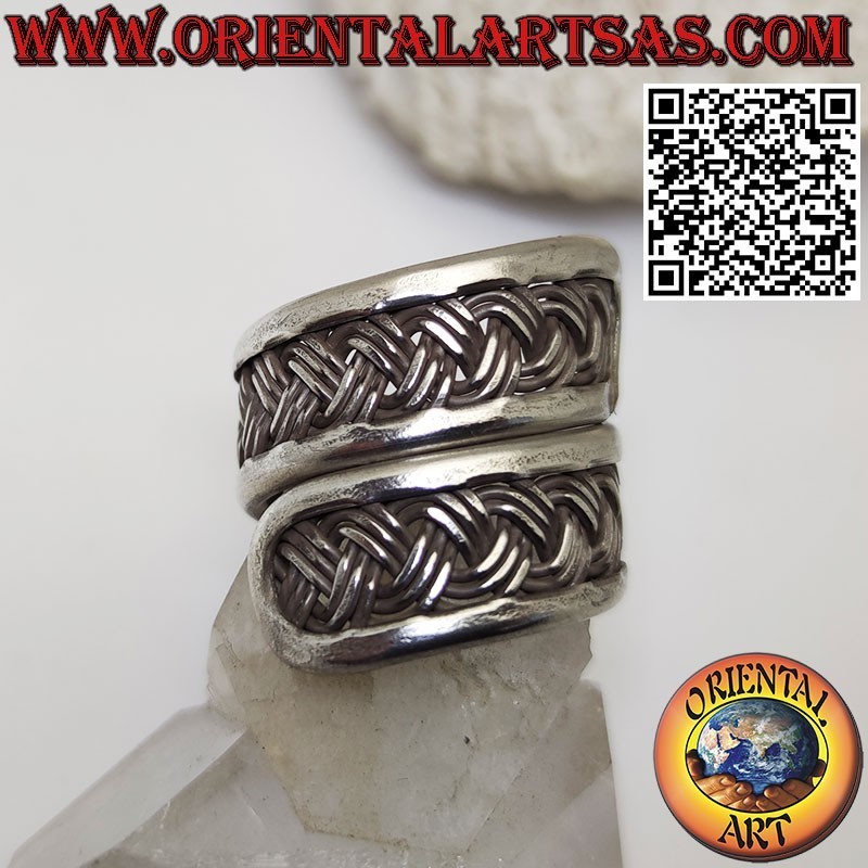 Anillo banda de plata, espiral ajustable con tejido Karen de 3 hilos