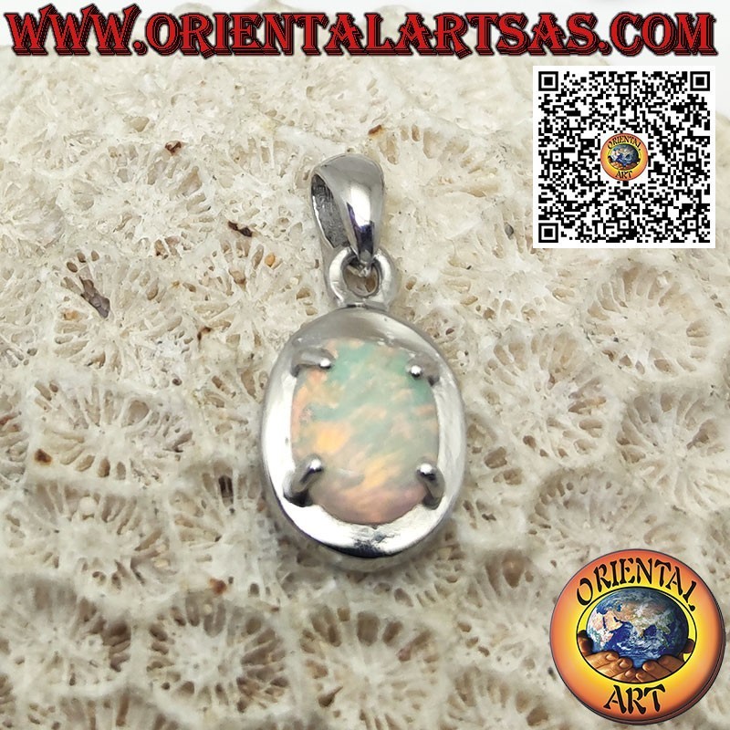 Silver pendant with oval harlequin opal, smooth edge and prongs