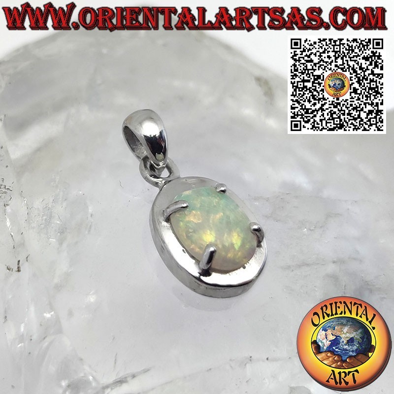 Silver pendant with oval harlequin opal, smooth edge and prongs