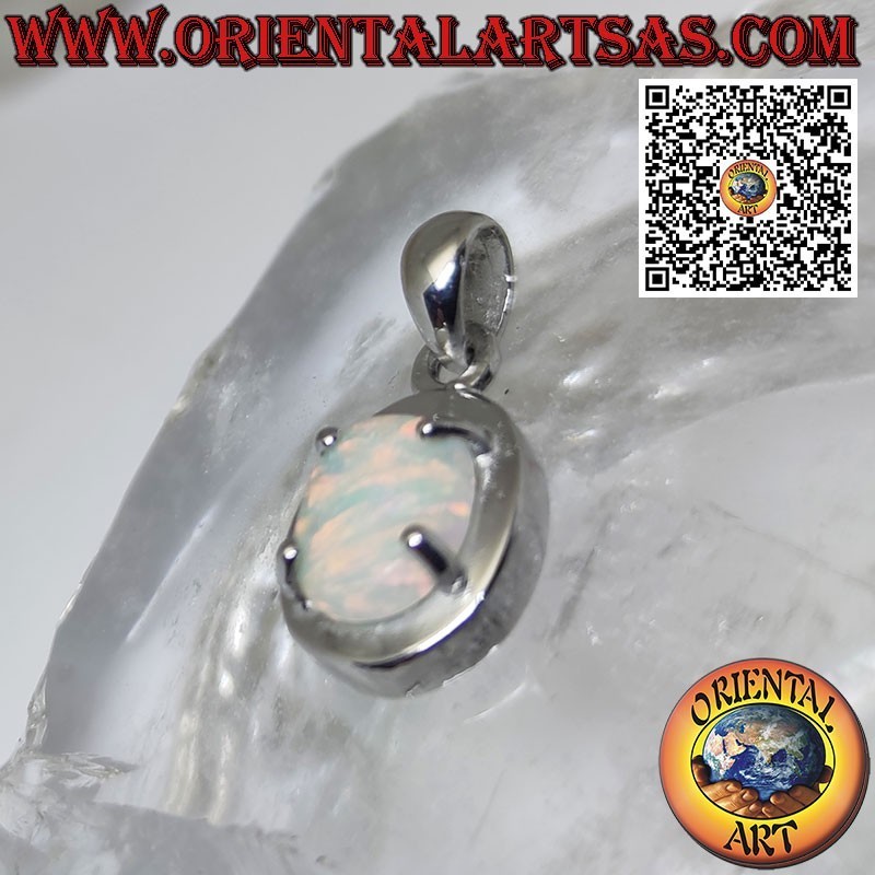 Silver pendant with oval harlequin opal, smooth edge and prongs