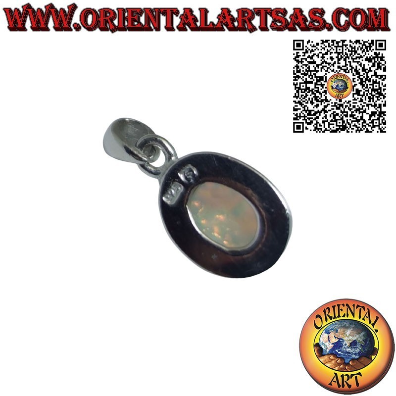 Silver pendant with oval harlequin opal, smooth edge and prongs