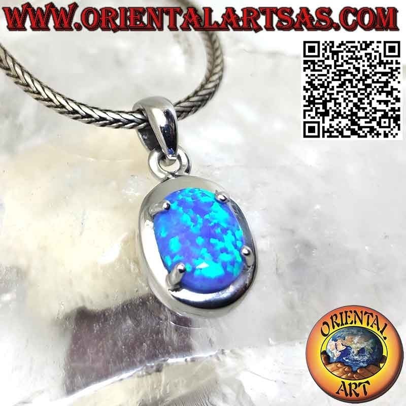 Silberanhänger mit ovalem blauem Opal, glattem Rand und Krappen