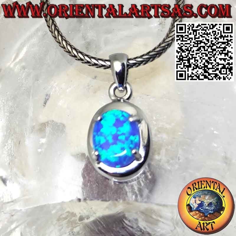 Silver pendant with oval blue opal, smooth edge and prongs