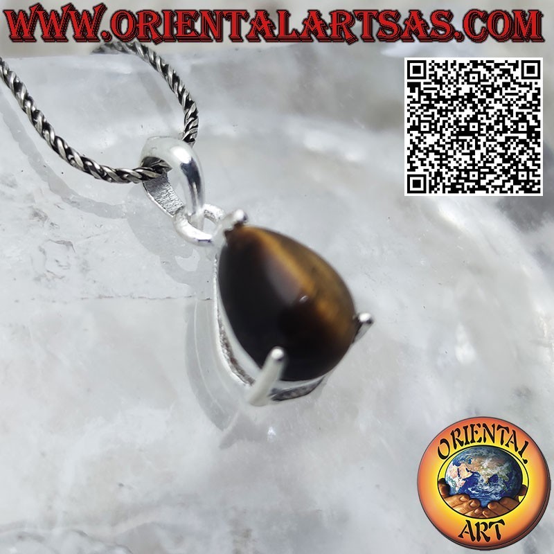 Pendentif en argent avec larme d'oeil de tigre naturel sertie dans des griffes