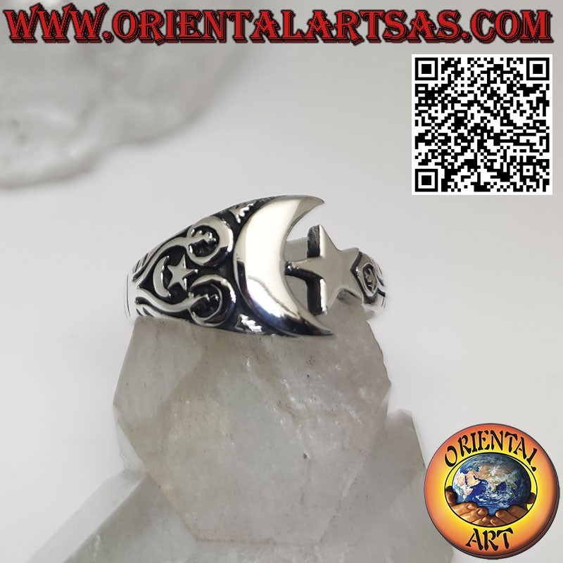 Anillo de plata estrella y luna con decoración celta lateral