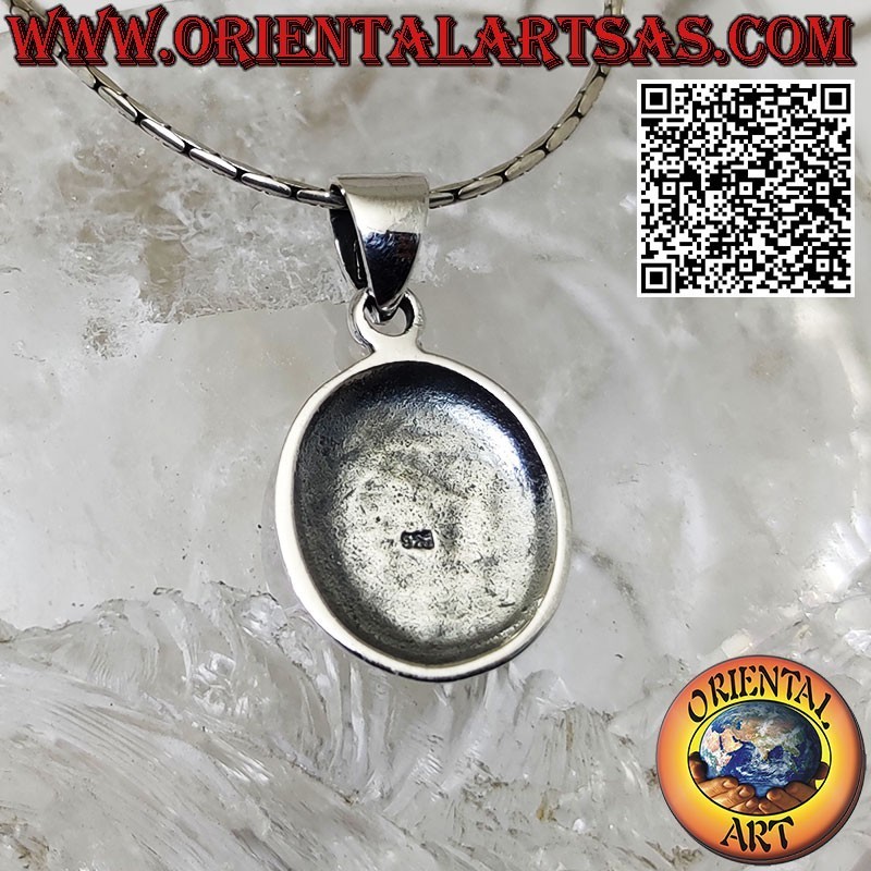 Silver pendant, oval medal with engraved kokopelli, the fertility flutist