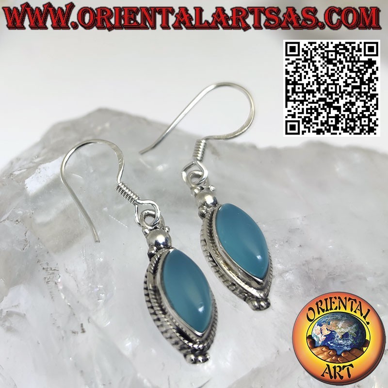 Silver earrings with natural celestine shuttle cabochon between a trio of balls