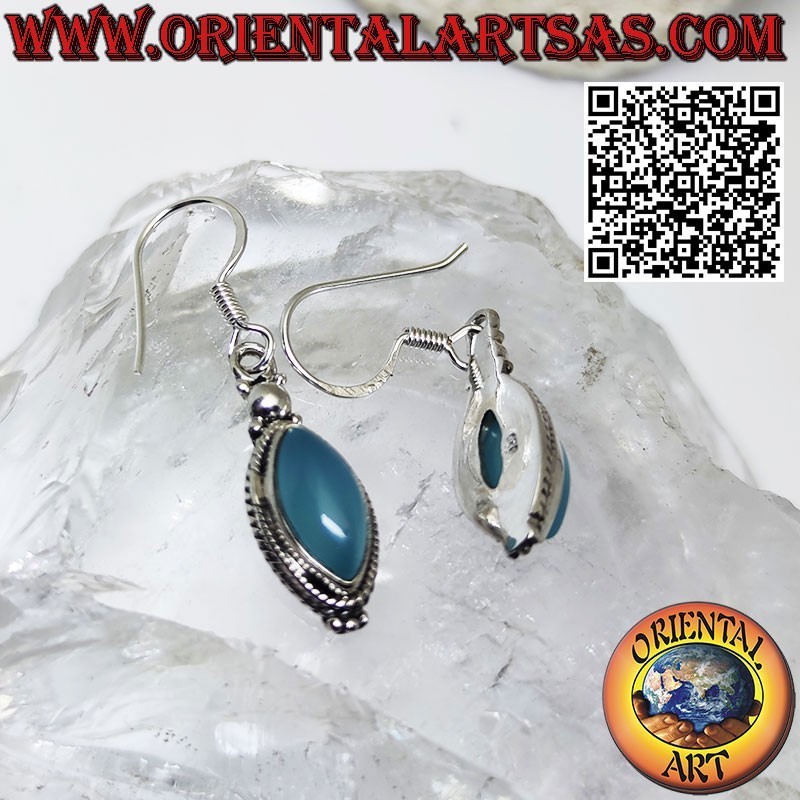 Silver earrings with natural celestine shuttle cabochon between a trio of balls