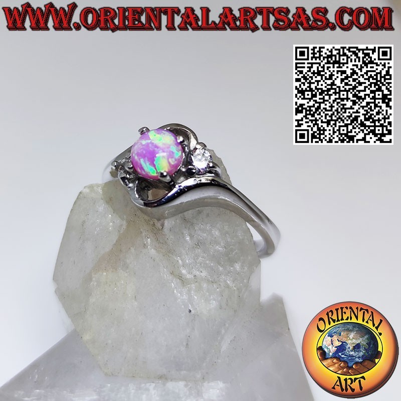 Bague oblique "trilogie" en argent sertie d'opales roses rondes et zircon blanc latéral
