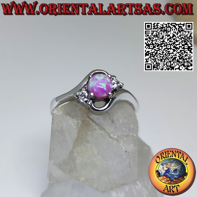Anillo oblicuo "trilogía" de plata con ópalo rosa redondo engastado y circonita blanca lateral