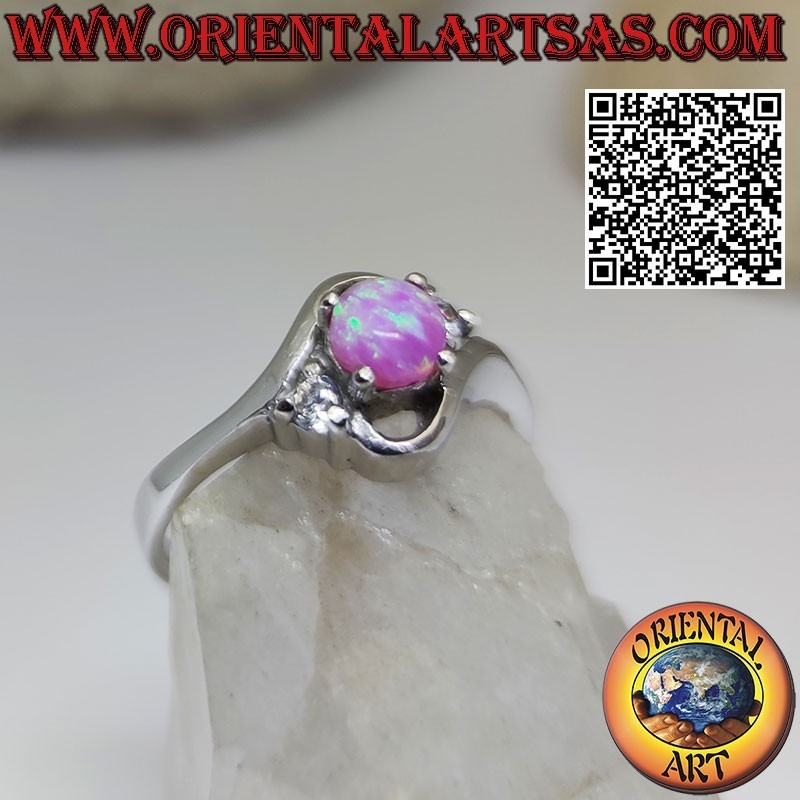 Anello in argento "trilogy" obliquo con opale rosa tondo e zirconi