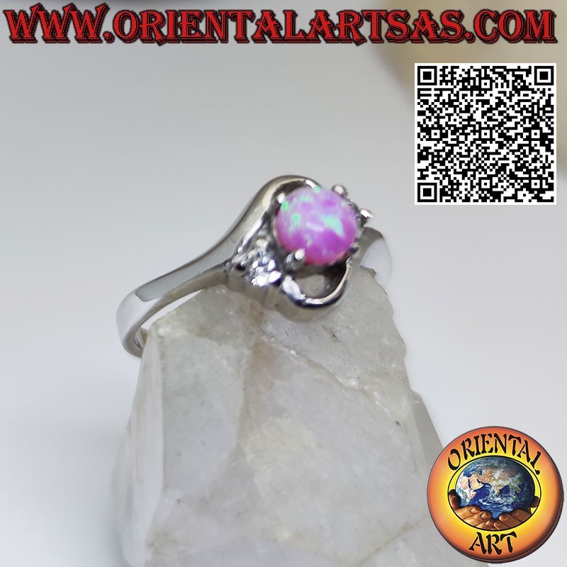 Bague oblique "trilogie" en argent sertie d'opales roses rondes et zircon blanc latéral