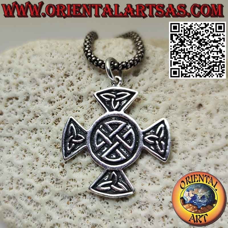 Silver pendant, cross with tyrone knots and central shield knot
