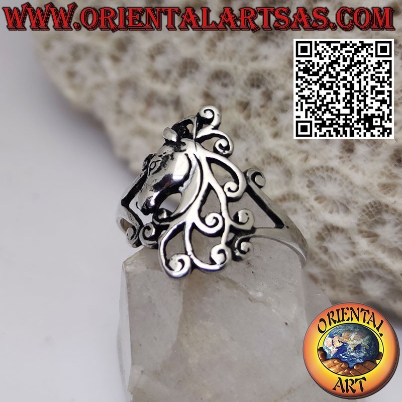 Silver ring, horse head in profile with floral foliage