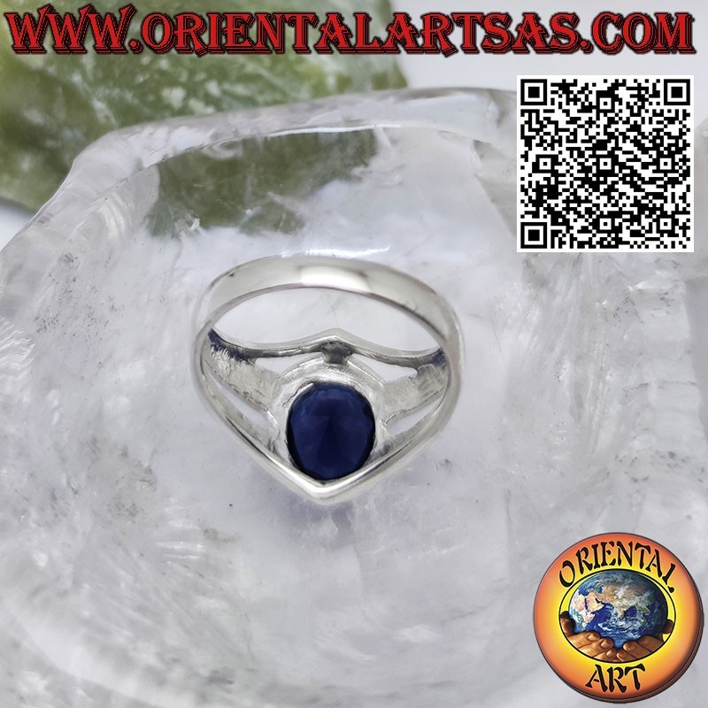 Silver ring with oval faceted synthetic sapphire on a smooth setting