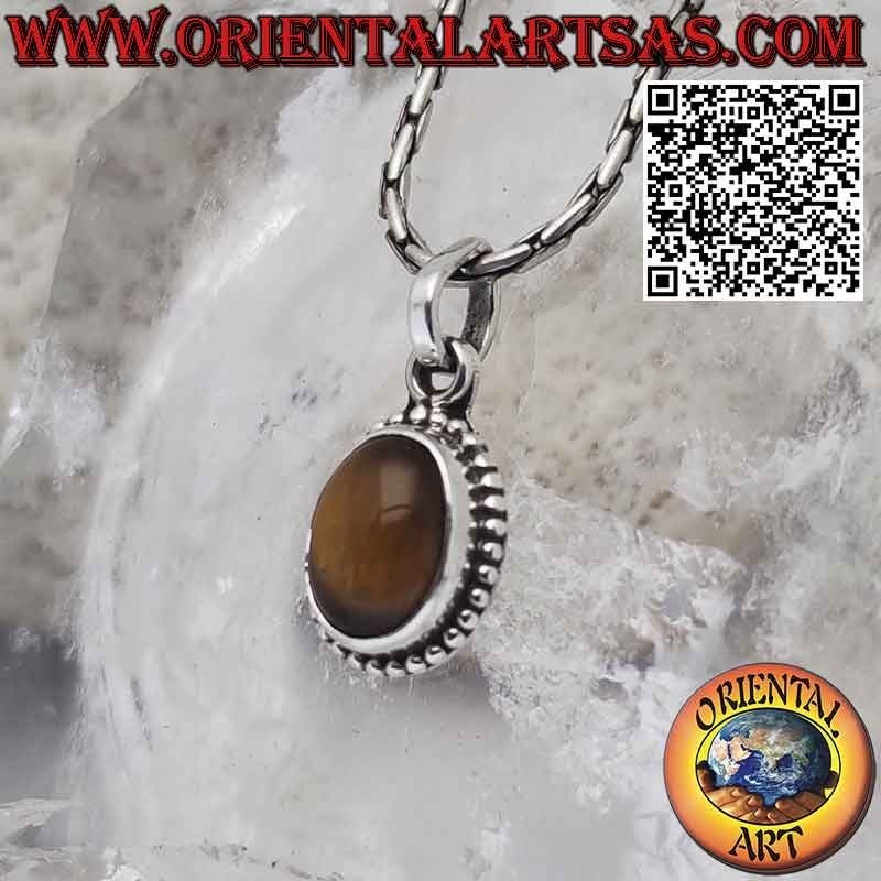 Pendentif en argent avec cabochon ovale en oeil de tigre entouré de boules