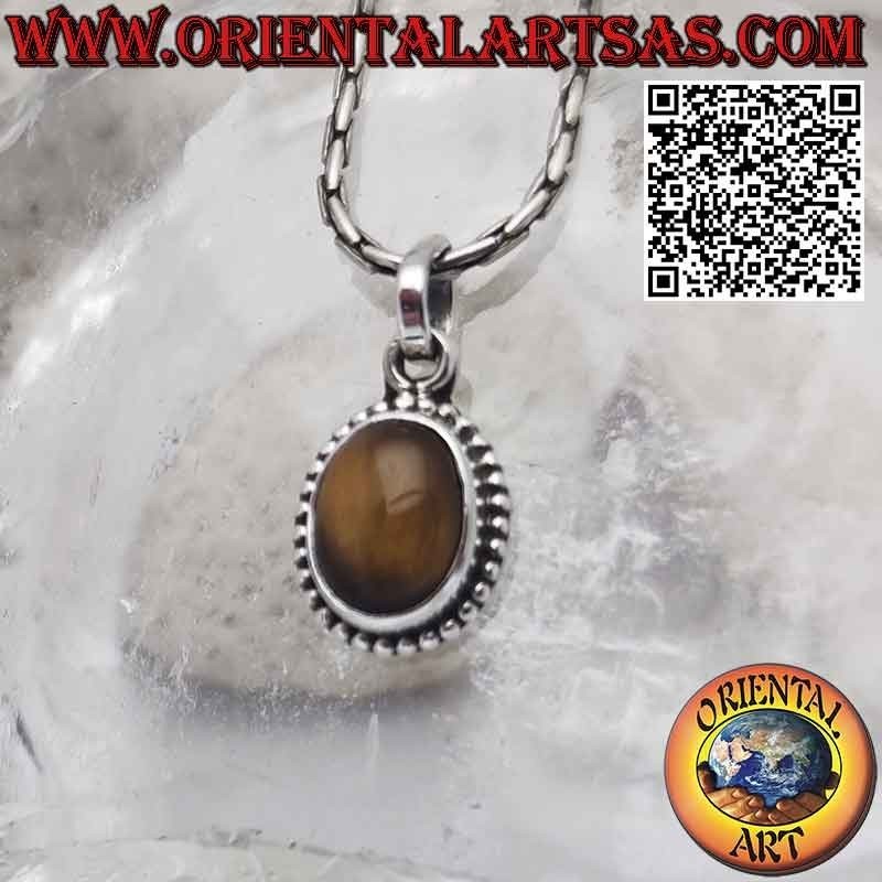 Silver pendant with oval tiger eye cabochon surrounded by balls