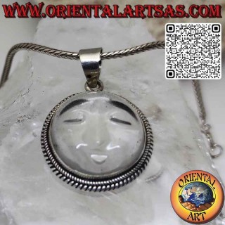 Pendentif soleil en argent sculpté sur cristal de roche et bord tressé