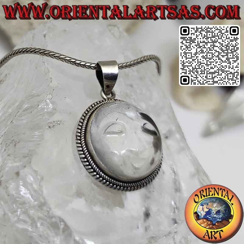Silver sun pendant carved on rock crystal and braided edge