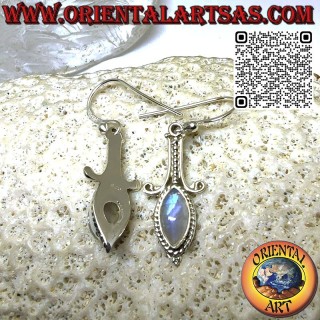 Long silver earrings with shuttle rainbow moonstone