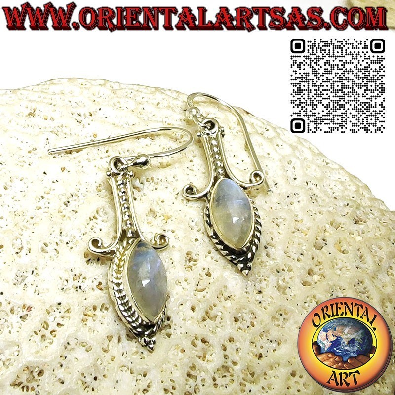 Long silver earrings with shuttle rainbow moonstone