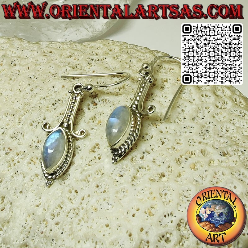 Boucles d'oreilles longues en argent avec pierre de lune arc-en-ciel navette