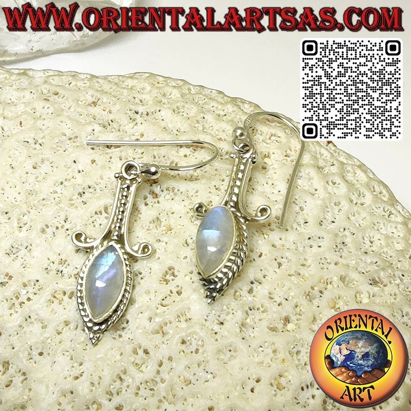 Boucles d'oreilles longues en argent avec pierre de lune arc-en-ciel navette
