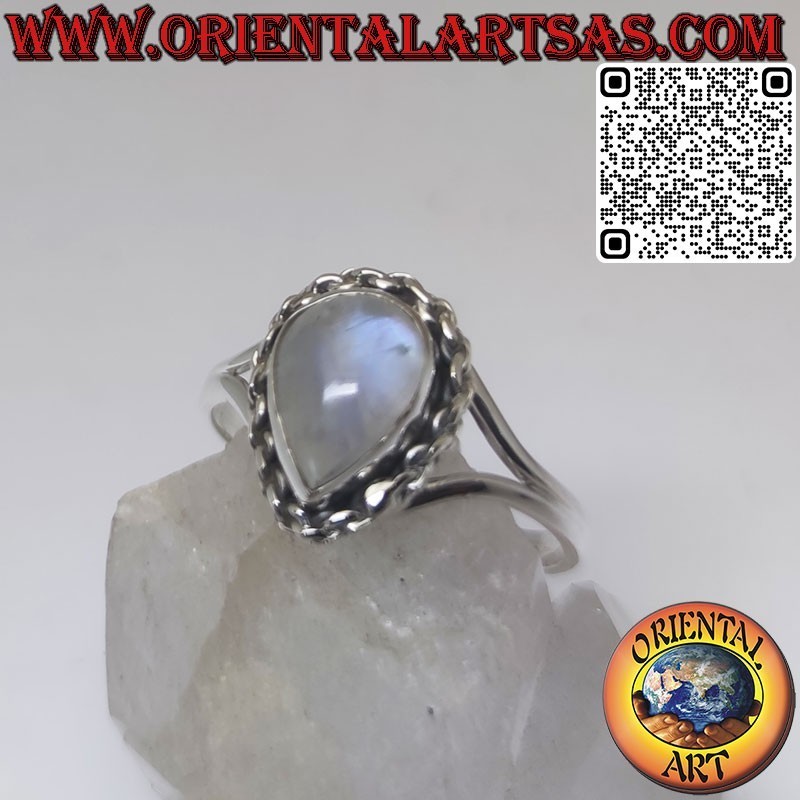 Anillo de plata con piedra de luna redonda adornada y espiral en los lados