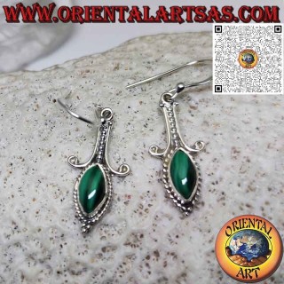 Orecchini in argento lungo con malachite naturale cabochon  a navetta