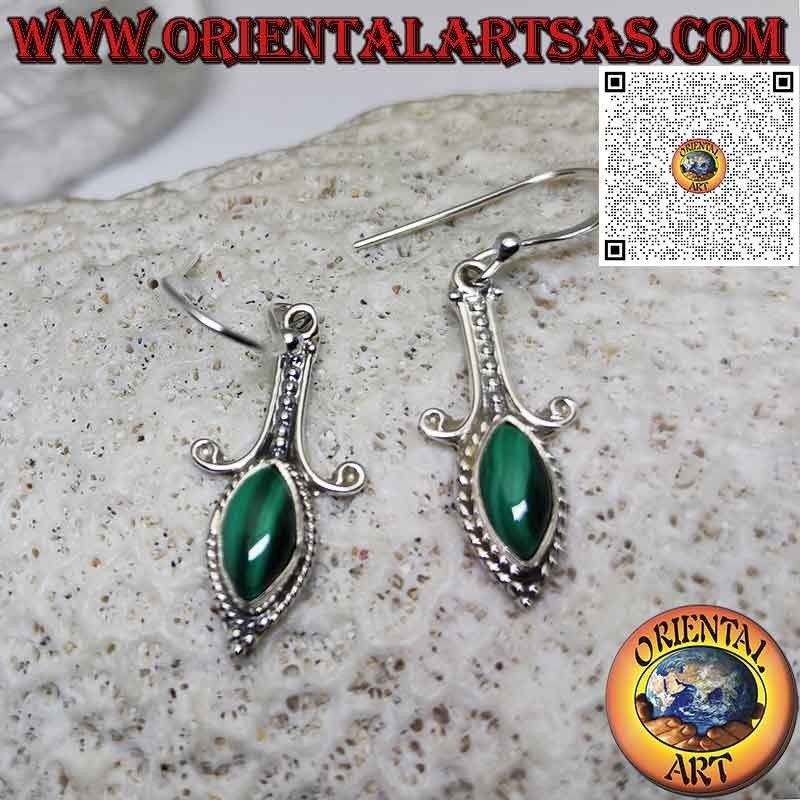 Boucles d'oreilles longues en argent avec cabochon navette en malachite naturelle