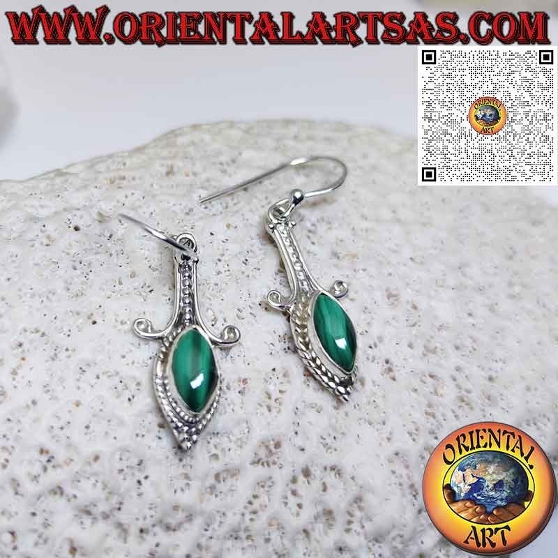 Boucles d'oreilles longues en argent avec cabochon navette en malachite naturelle