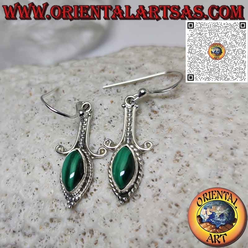 Pendientes largos de plata con cabujón lanzadera de malaquita natural