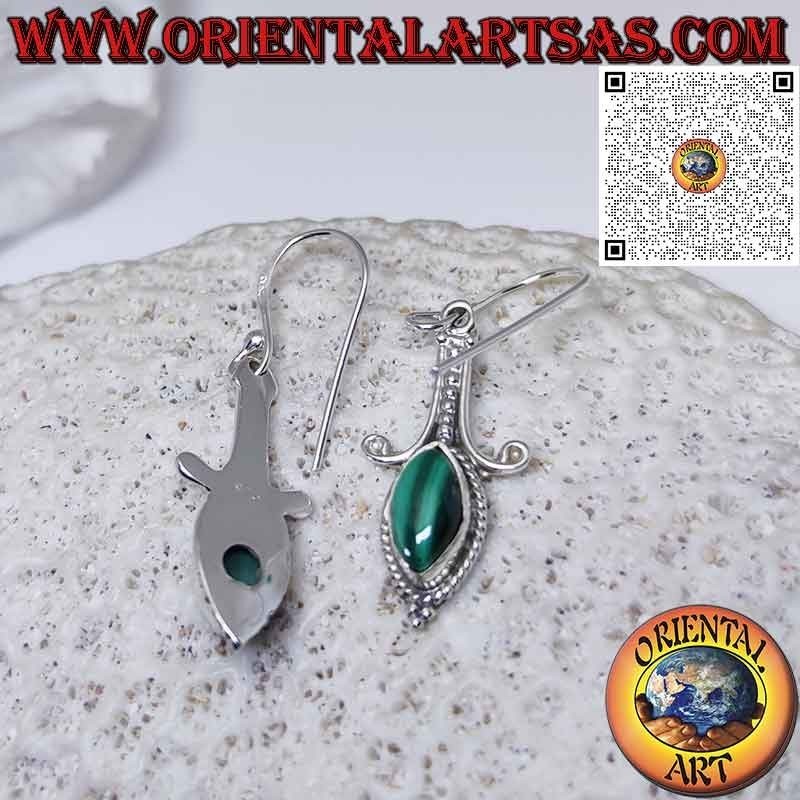 Long silver earrings with natural malachite shuttle cabochon