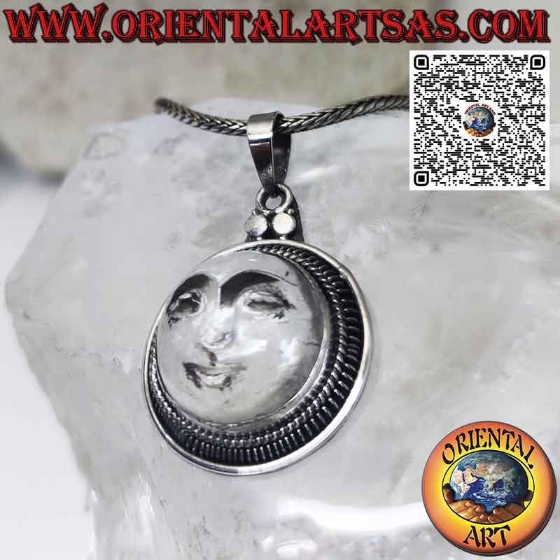 Silver sun pendant carved on rock crystal, wide edge