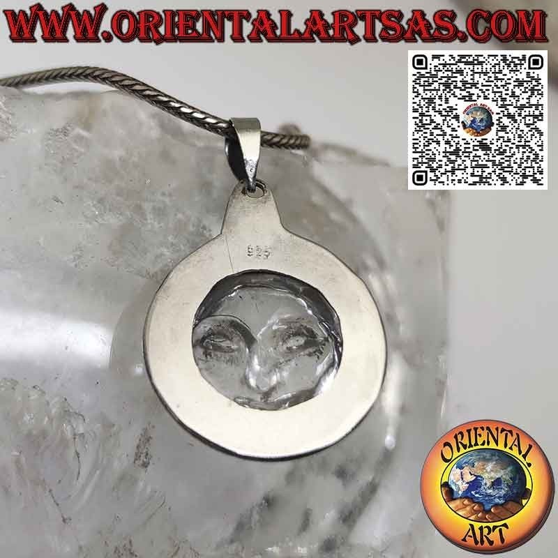 Pendentif soleil en argent sculpté sur cristal de roche, bord large